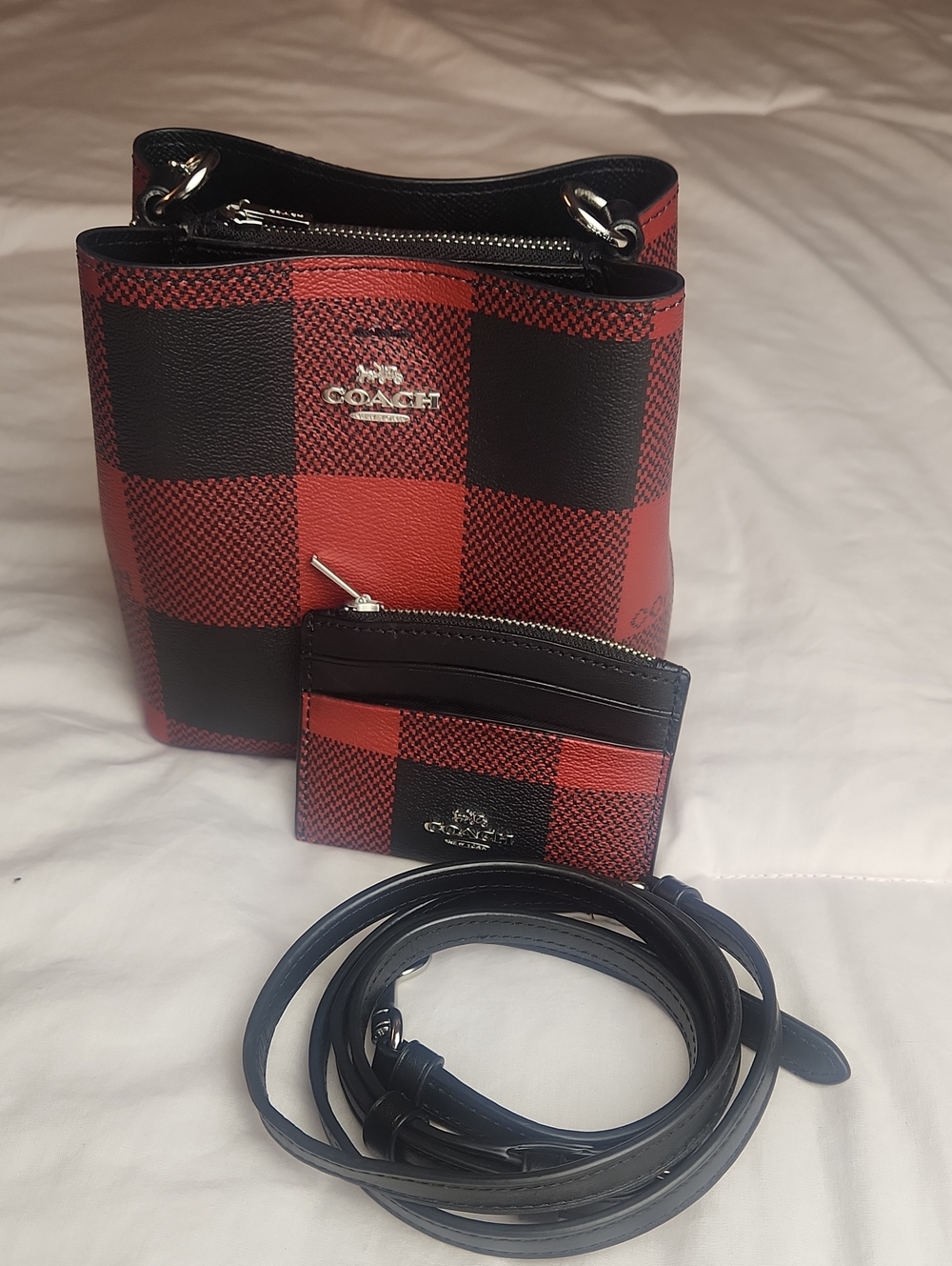 Coach Red & Black Plaid Crossbody Bag And Wallet
